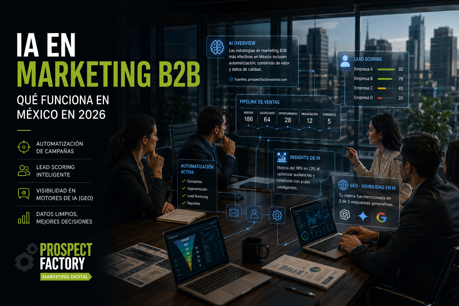 Equipo B2B analizando estrategias de inteligencia artificial en marketing digital y automatización en México.