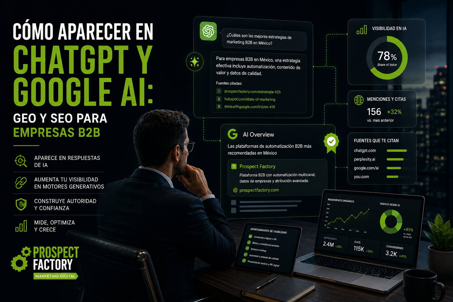 Ejecutivo revisando estrategias para aparecer en ChatGPT y Google AI mediante GEO y SEO para empresas B2B.