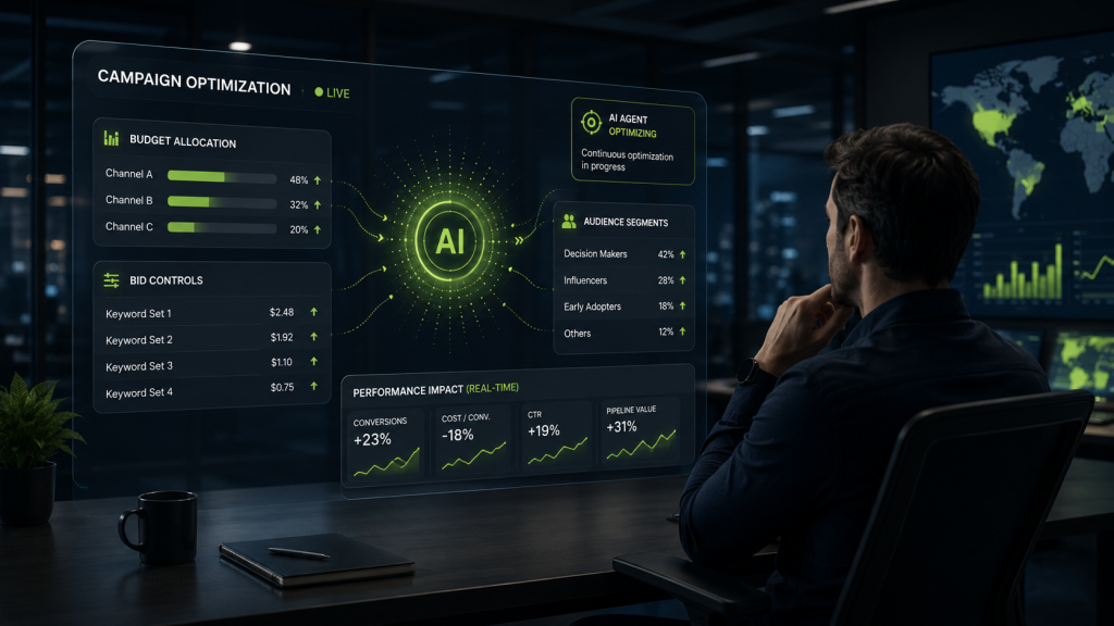 IA agéntica optimizando campañas B2B en tiempo real con ajustes de presupuesto, pujas y rendimiento.
