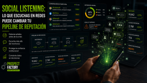 Dashboard de social listening mostrando métricas de reputación digital, monitoreo de menciones, sentimiento del público y señales tempranas de crisis para instituciones y marcas.