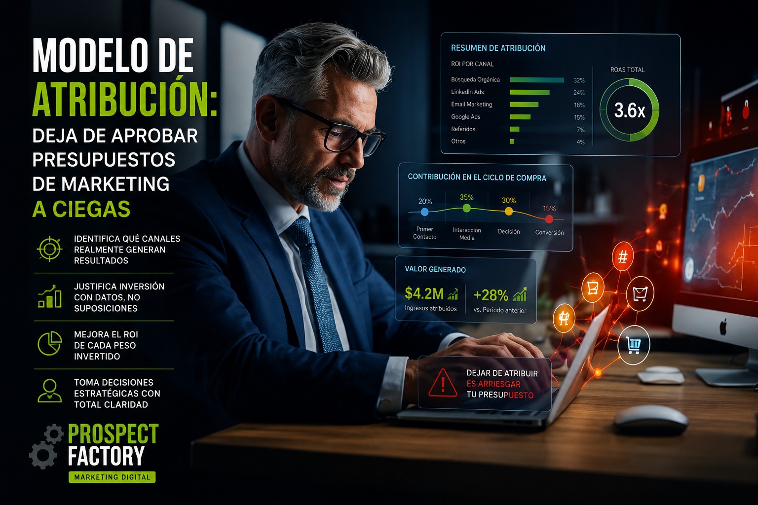 Ejecutivo analizando modelo de atribución de marketing con dashboards de ROI, canales y rendimiento financiero.